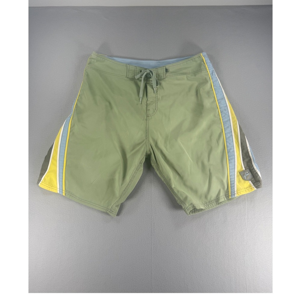 Vintage Rusty Mens Board Shorts Sage Green Striped Surf Swim Trunks Size 36